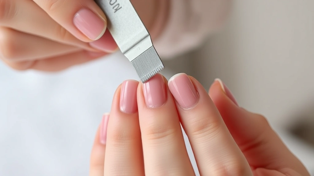 Close-up of hands with gel nail polish being filed at the top coat, nail file at 45-degree angle, bright natural lighting on manicured nails