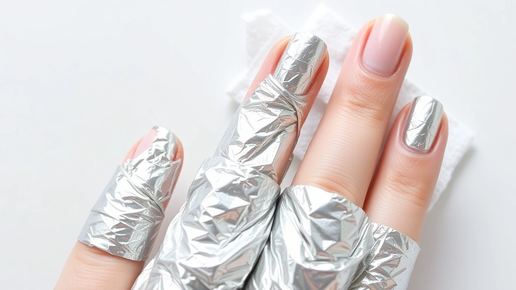 Fingertips wrapped in aluminum foil with acetone-soaked cotton pads, demonstrating the foil wrap removal technique in detail