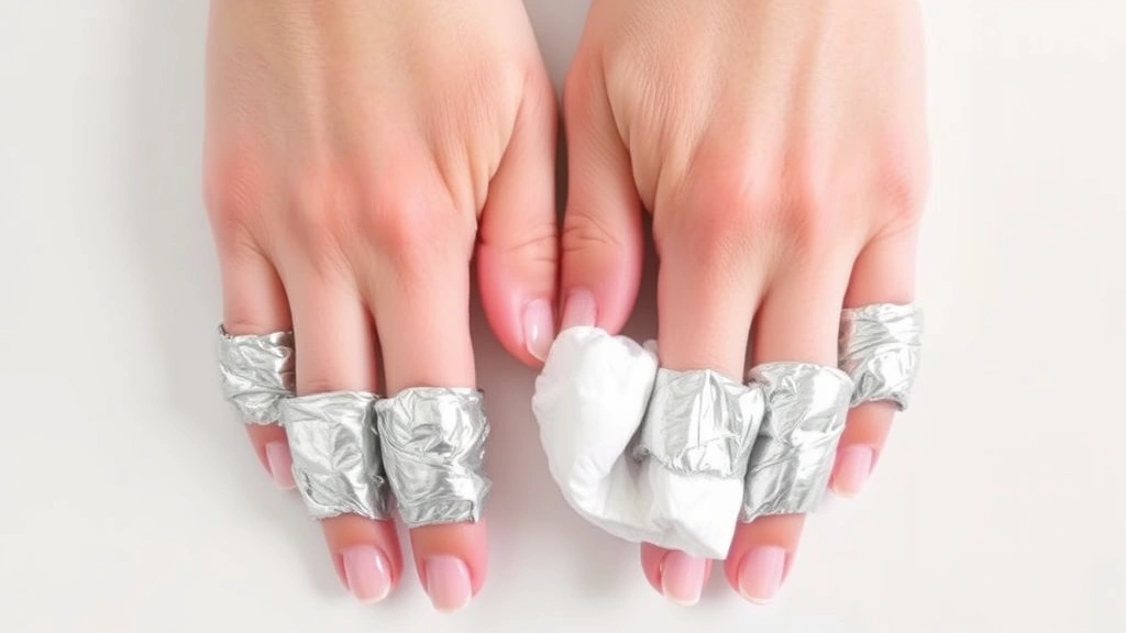 Aluminum foil-wrapped fingers with acetone-soaked cotton pads, hands relaxed on white surface, clear view of foil wrapping technique and nail protection