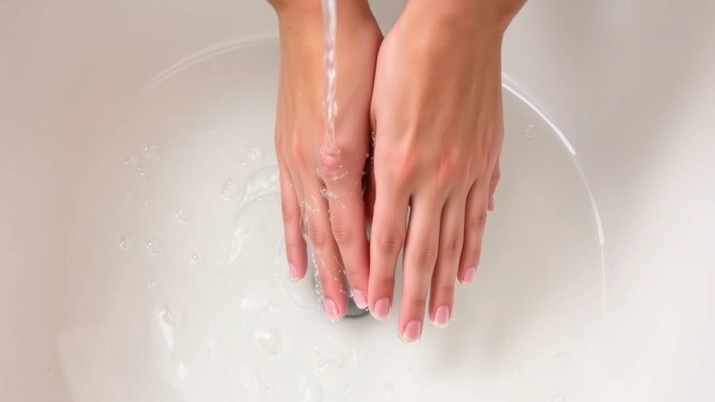 Hands being rinsed under warm running water after gel polish removal, water droplets visible, clean sink background, showing post-removal cleaning step