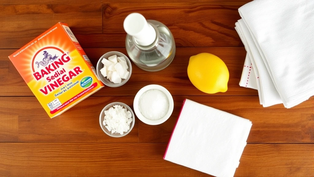 Overhead view of various stain removal supplies arranged on wooden surface: baking soda, white vinegar bottle, dish soap, salt, lemon, and clean cloths