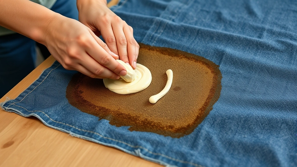 Person gently applying a light-colored paste mixture to a grease stain on blue denim fabric stretched across a work surface