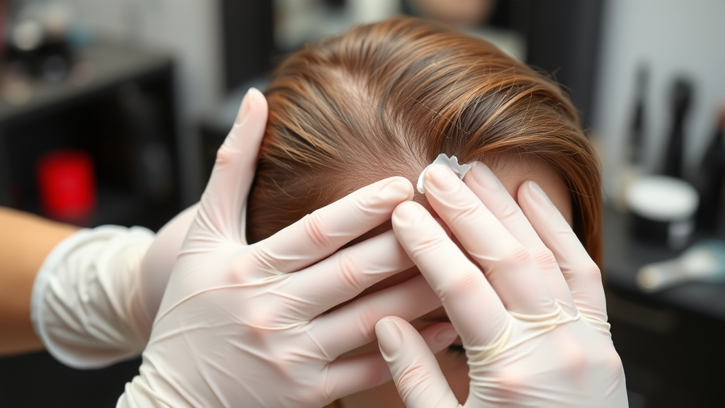 Person applying hair dye with protective gloves and barrier cream around hairline, professional salon setup, no text no words no letters