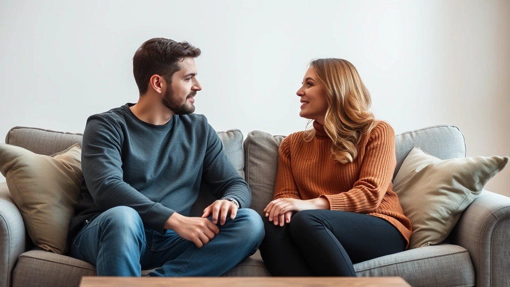 A couple sitting on a comfortable couch having a thoughtful conversation, facing each other with open body language and genuine engagement