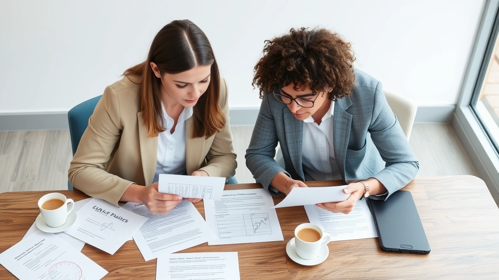 Two people collaboratively reviewing documents and notes on a table with coffee cups, appearing focused and cooperative on decision-making