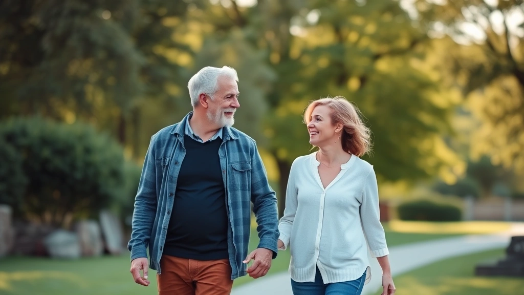 A husband and wife walking together outdoors in a peaceful setting, talking and gesturing naturally while maintaining connection