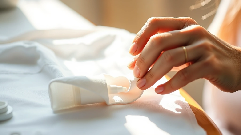 Close-up of a person carefully blotting fresh nail polish from a white cotton garment with a clean cloth, sunlight streaming across the workspace