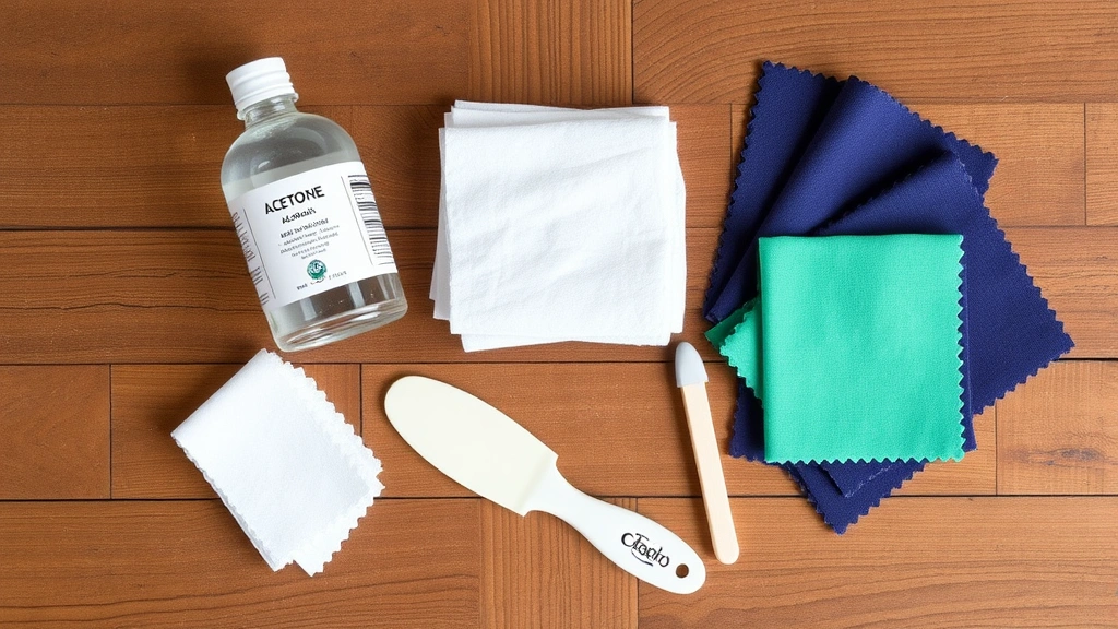 Overhead view of nail polish removal supplies arranged on a wooden surface: acetone bottle, rubbing alcohol, soft cloths, plastic scraper, and various fabric swatches