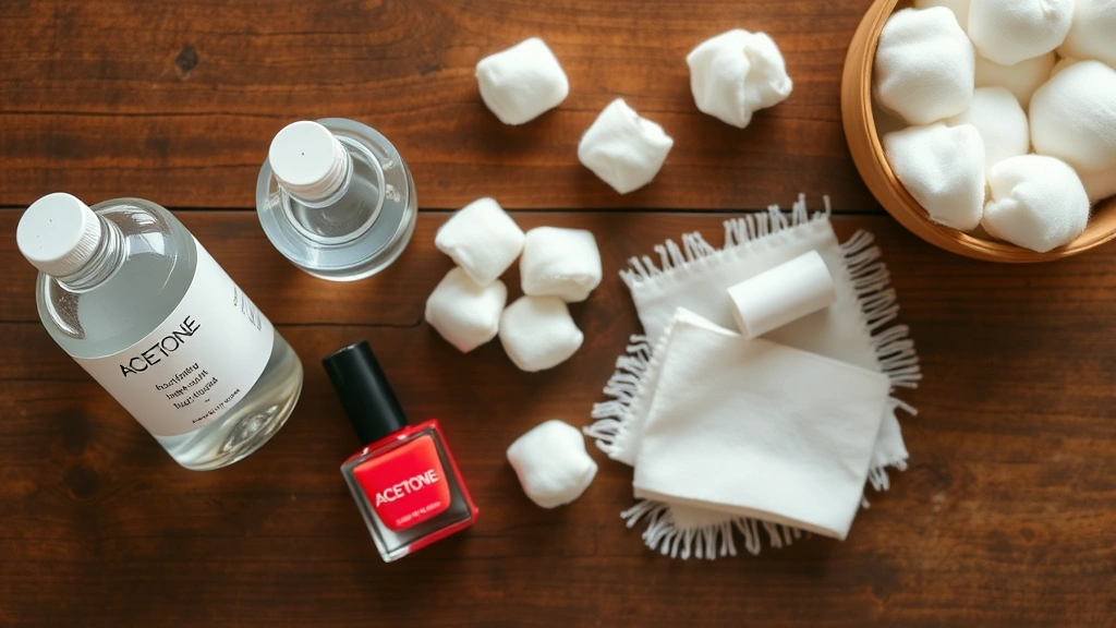 Overhead shot of nail polish removal supplies arranged on a wooden table including acetone, rubbing alcohol, cotton balls, and a delicate fabric swatch
