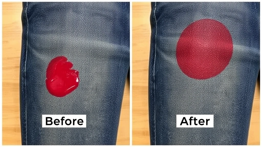 Before and after comparison showing a vibrant red nail polish stain on denim fabric, then the same area clean and restored after treatment