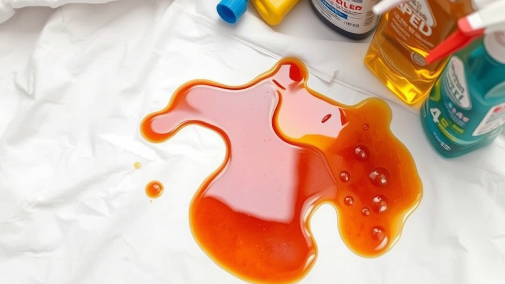 Oil stain on white fabric with cleaning supplies nearby, no text no words no letters