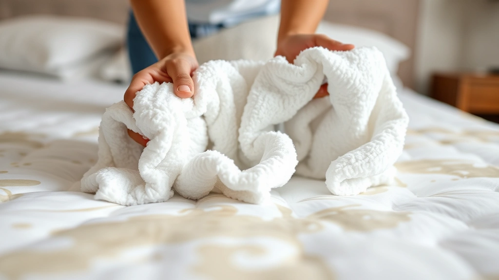 Close-up of someone blotting a wet mattress with white towels, pressing down firmly with both hands, showing absorbent technique in bedroom setting