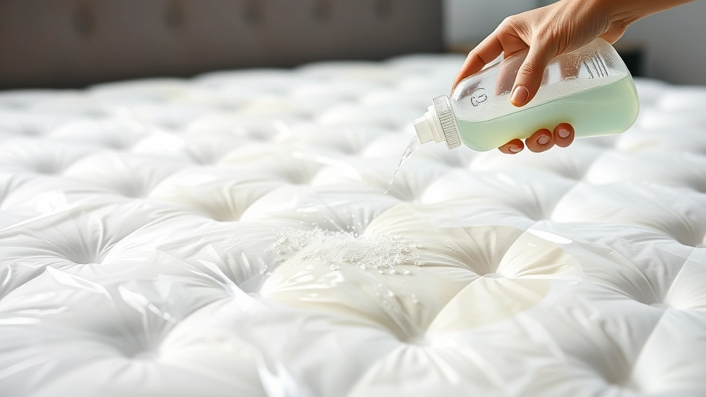 Spray bottle applying enzymatic cleaner solution onto a mattress surface with visible saturation, covered with clear plastic sheeting for treatment