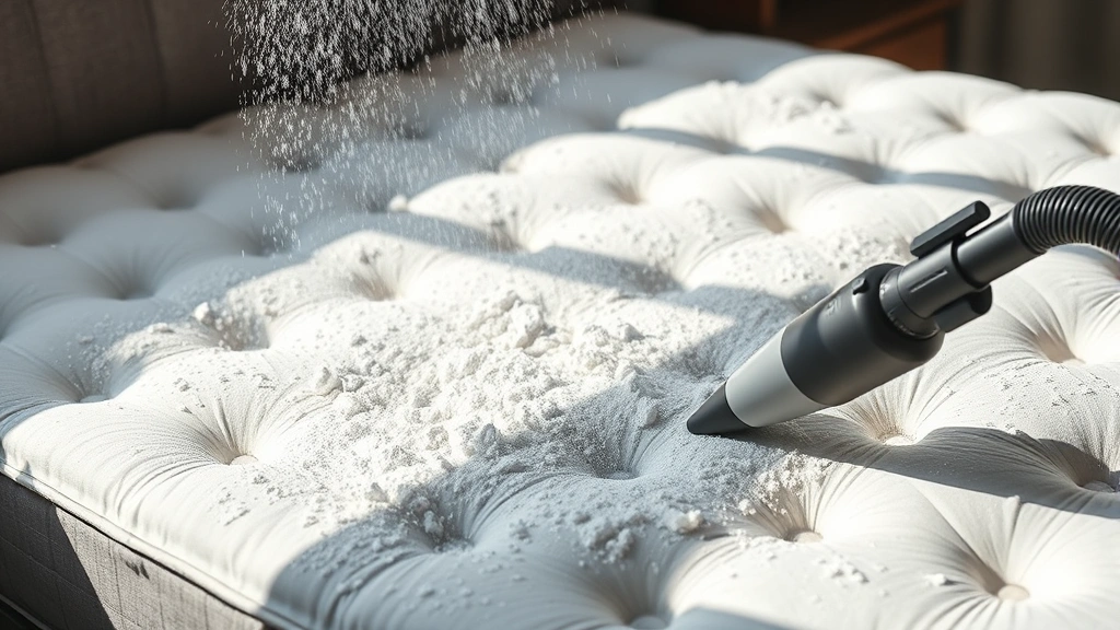 Baking soda being sprinkled generously across a mattress surface in daylight, showing powder coverage with vacuum nearby ready for cleanup