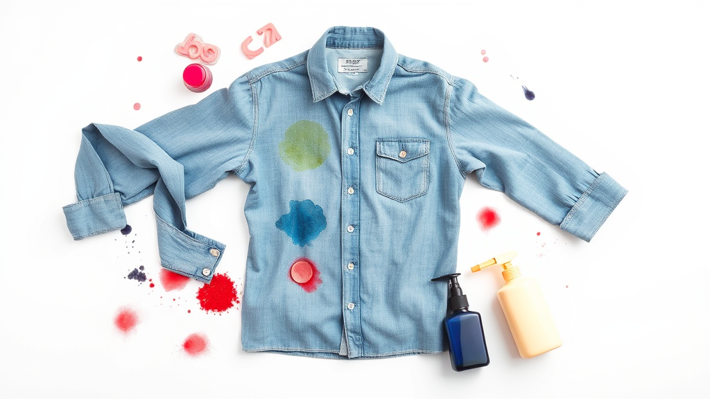 Clothing with ink stains and removal supplies on white background no text no words no letters