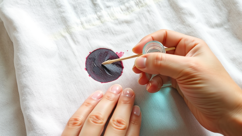 Close up hands treating fabric ink stain with cotton swab and alcohol bottle no text no words no letters