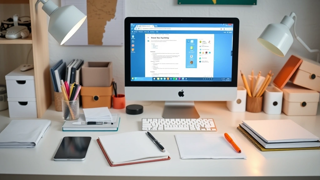 Organized desk workspace with computer, notebook, and organizational tools, showing a clean, structured environment designed for focus and productivity