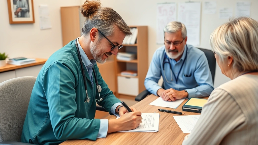 Healthcare provider writing notes during a patient evaluation session, with medical charts and assessment forms visible on desk, clinical but welcoming atmosphere