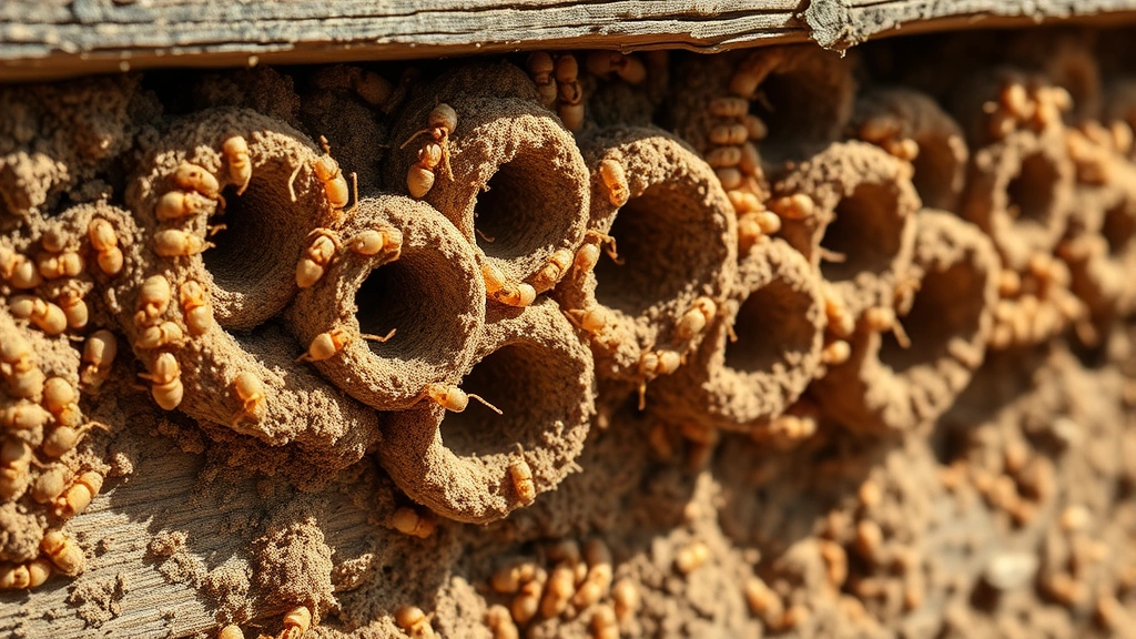 Close-up of termite mud tubes on wooden foundation wall, showing intricate tunnel patterns in natural daylight