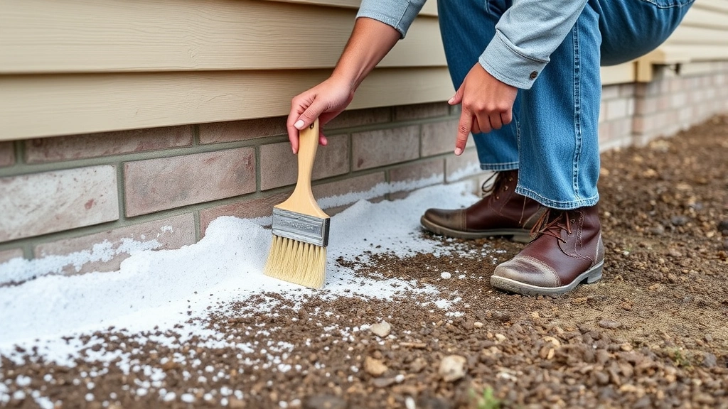 Homeowner applying diatomaceous earth powder around home foundation perimeter with brush applicator tool
