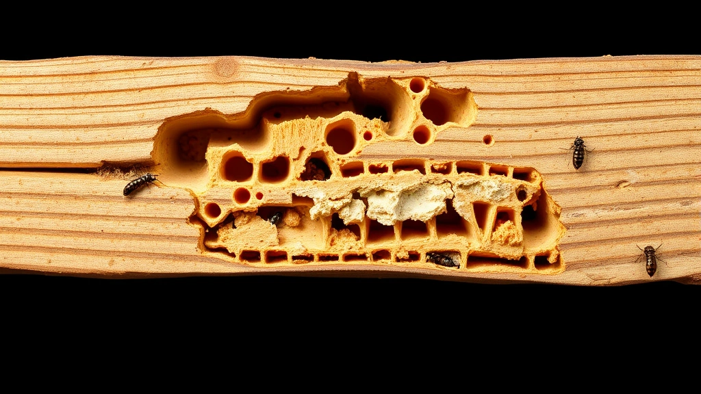 Cross-section view of wooden beam with termite damage showing hollow galleries and deterioration patterns
