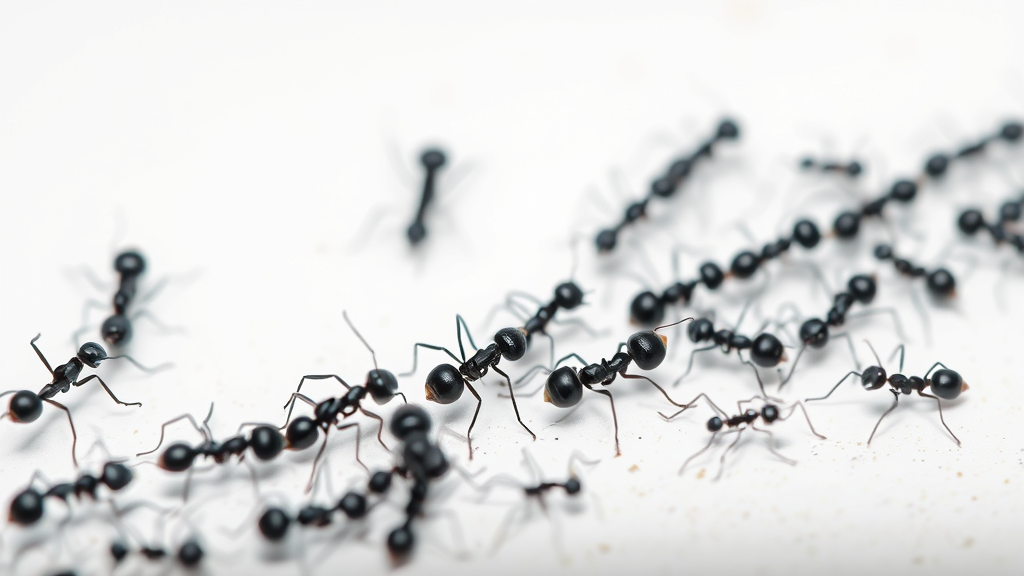 Close up macro view of black ants marching in single file line on white surface, no text, no words, no letters