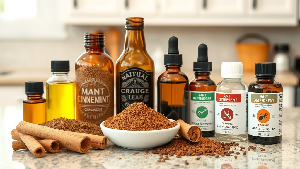 Natural ant deterrent ingredients including cinnamon sticks coffee grounds essential oil bottles arranged on kitchen counter, no text, no words, no letters