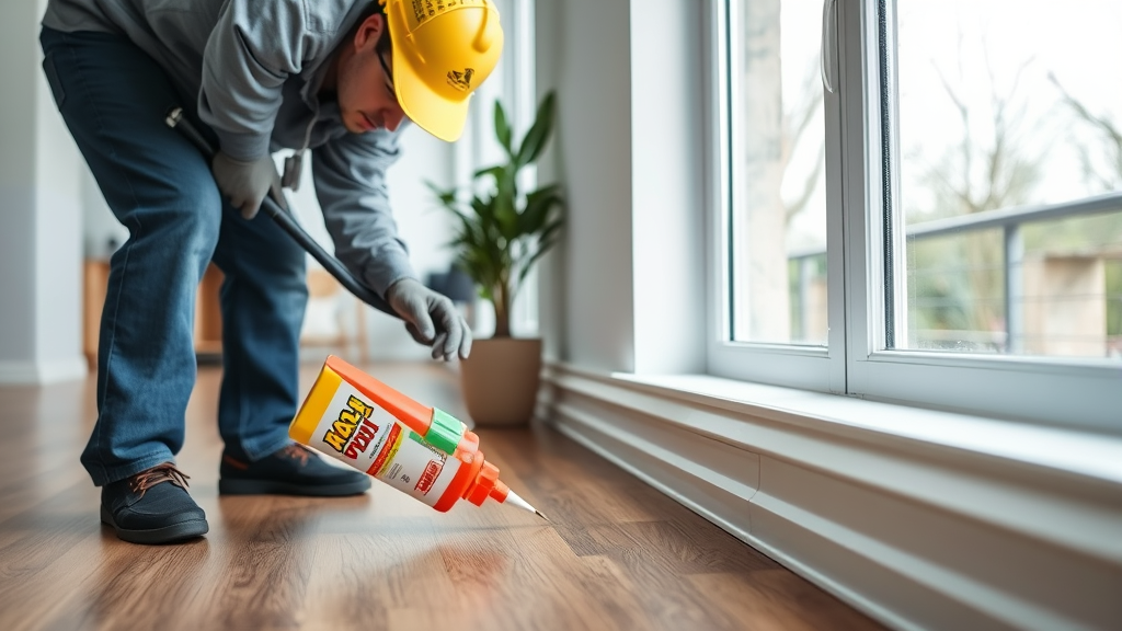 Professional pest control technician applying ant bait gel along baseboards in modern home interior, no text, no words, no letters