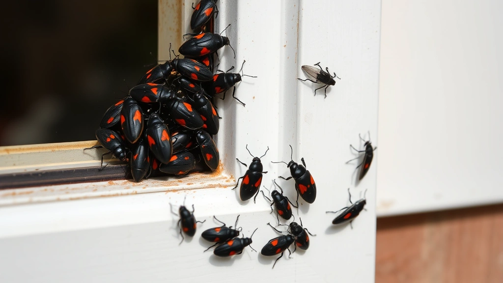 Close-up of boxelder bugs clustered on a white window frame during autumn, showing their distinctive black bodies with red markings in natural daylight
