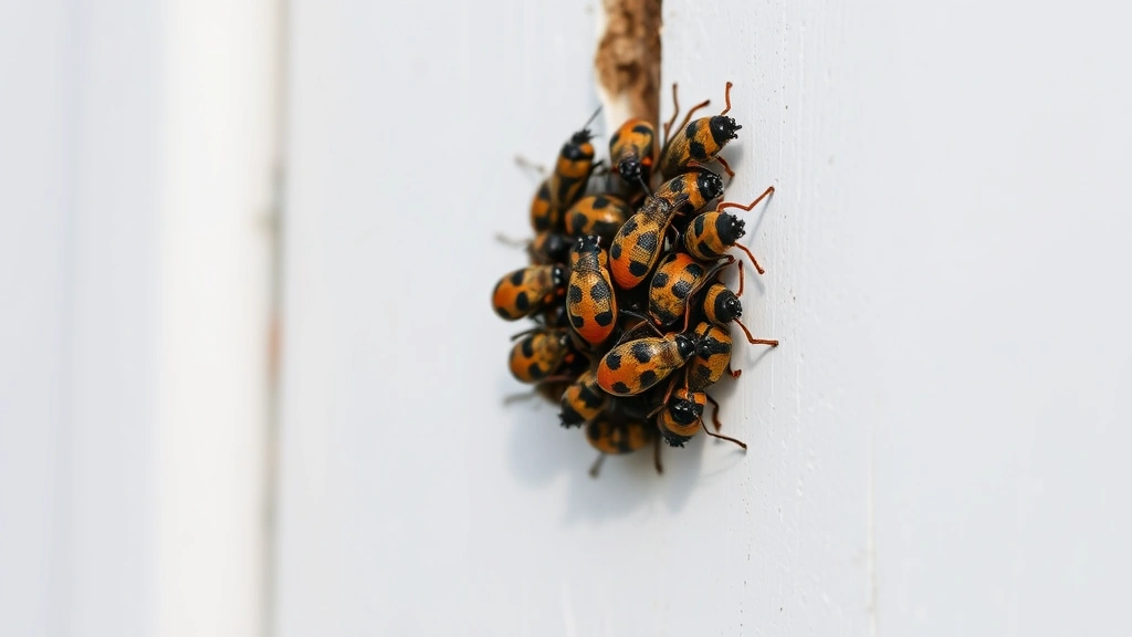 Close-up of boxelder bug cluster on white painted wall surface, red and black markings clearly visible, natural daylight
