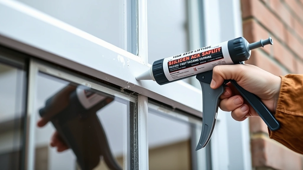 Professional caulking application around a window frame exterior, showing proper sealing technique with silicone caulk being applied with a caulking gun