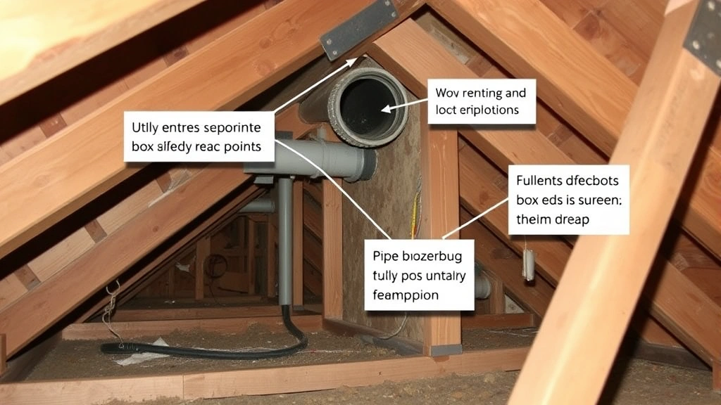 Interior attic space with visible gaps around pipe penetrations and utility entries, showing common boxelder bug entry points in residential construction