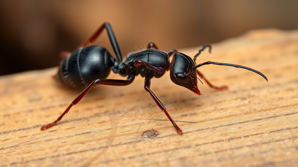 Large black carpenter ant on wooden surface showing detailed anatomy and size comparison, no text no words no letters