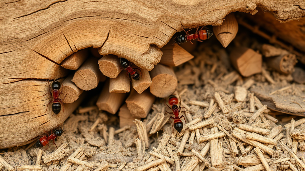 Wood damage galleries and tunnels created by carpenter ants with sawdust debris piles, no text no words no letters