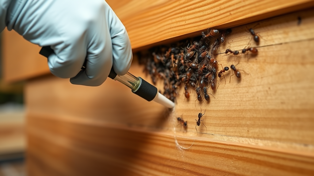 Professional pest control treatment application in home interior targeting carpenter ant colony, no text no words no letters