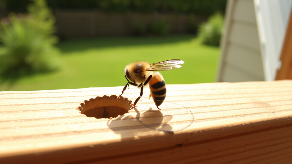 Large carpenter bee drilling hole in wooden deck railing, sunny outdoor setting, detailed insect closeup, no text no words no letters