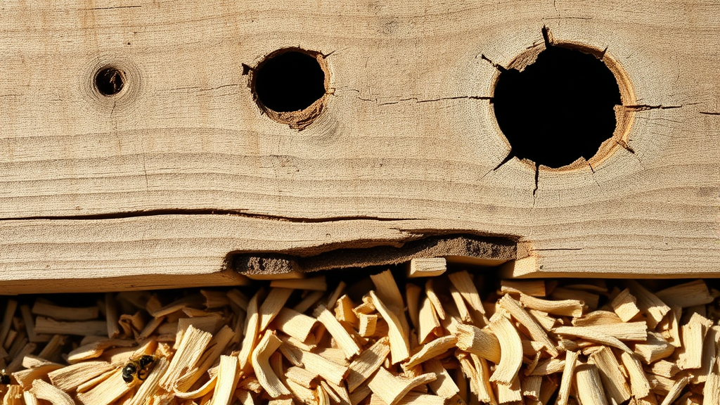 Round holes in weathered wood surface with sawdust piles below, carpenter bee damage evidence, natural lighting, no text no words no letters