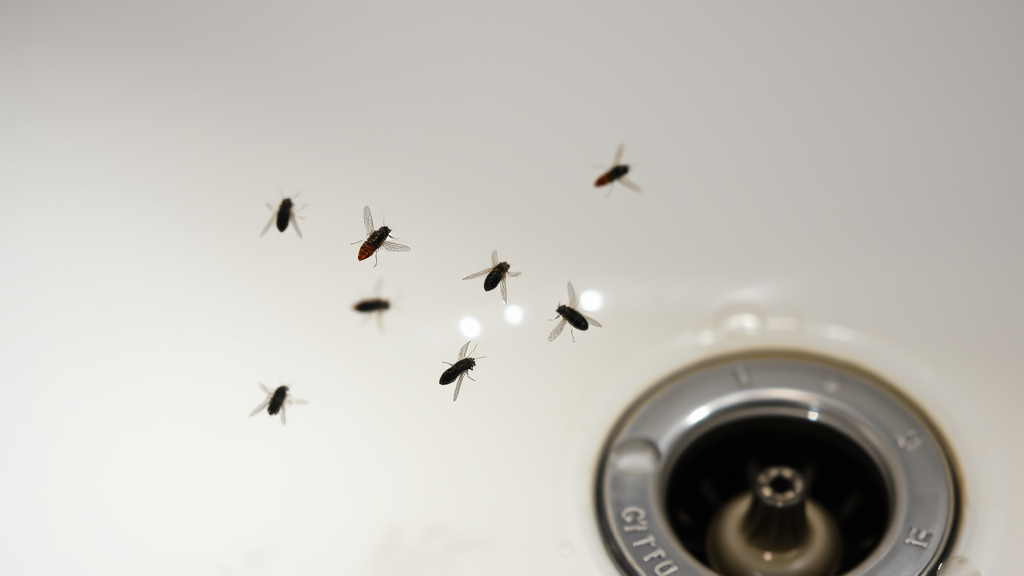 Small dark fuzzy winged insects hovering near bathroom sink drain with water droplets, no text no words no letters