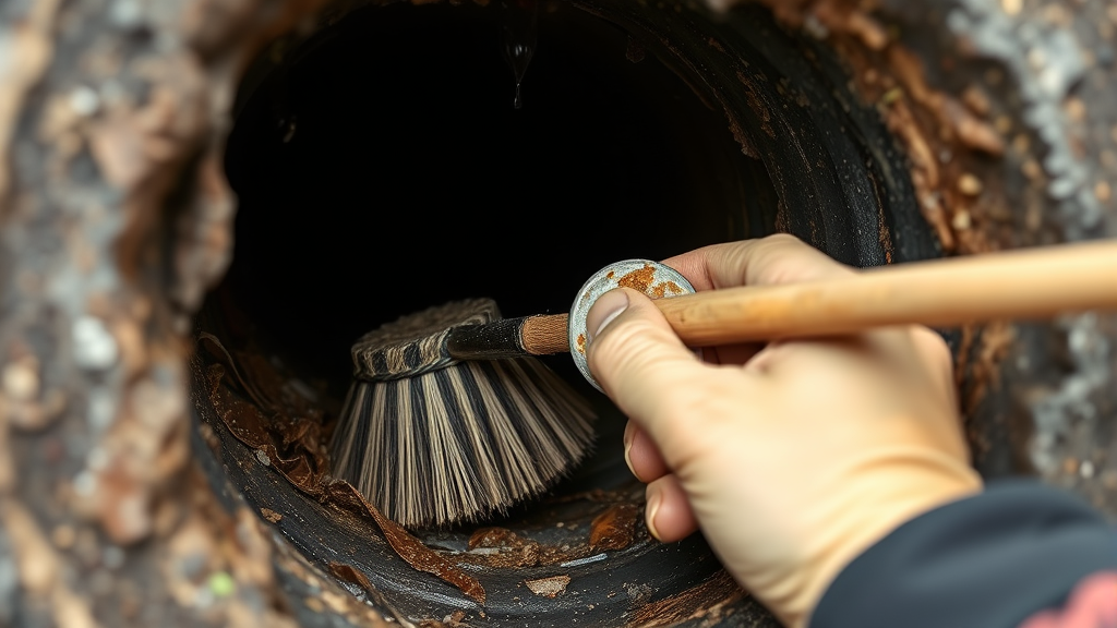 Person cleaning drain pipe with brush removing organic buildup and debris, no text no words no letters