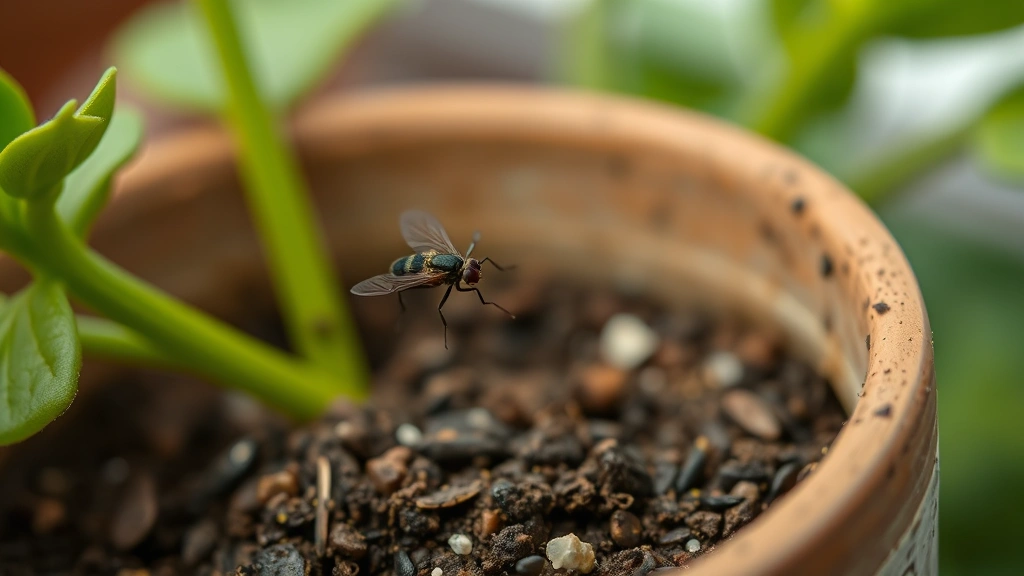 Close-up of tiny dark fungus gnats hovering above moist potting soil in a ceramic plant pot, with green plant leaves blurred in background, photorealistic macro photography