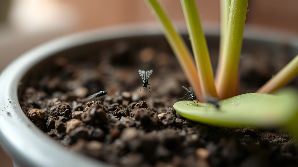 Close-up of soil surface with tiny dark flying insects hovering above potted plant leaves, natural indoor lighting, shallow depth of field focusing on gnats
