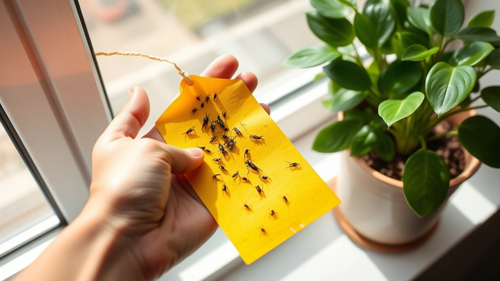 Person's hand holding yellow sticky trap covered with small dark insects next to a potted houseplant on a windowsill, natural lighting, showing trap effectiveness
