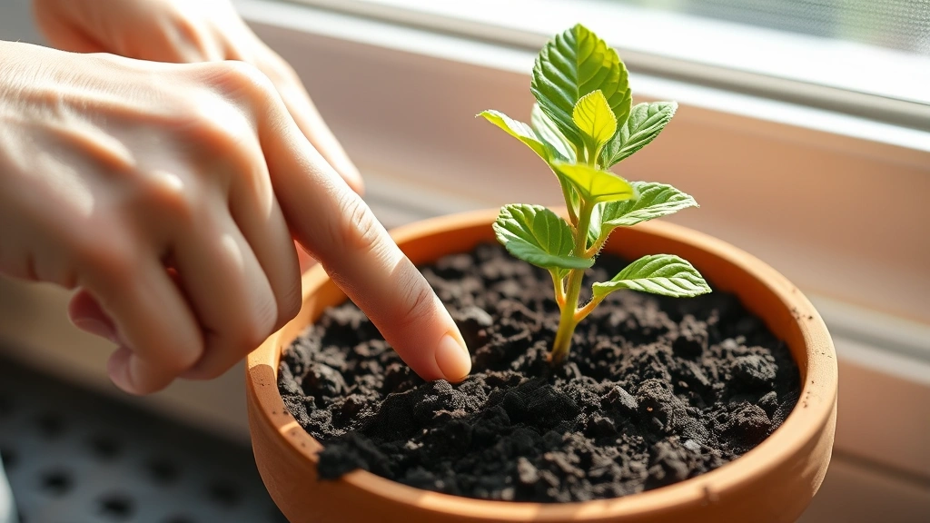 Hands checking soil moisture by inserting finger into dark potting soil in terracotta pot with healthy green plant, bright natural daylight through window