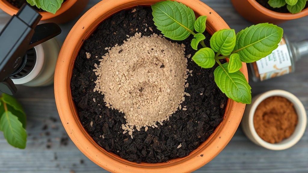 Top-down view of fresh potting soil in a terracotta pot with layer of fine sand on surface, next to spray bottle and cinnamon powder container, organized arrangement