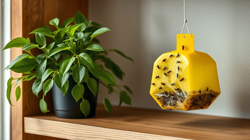 Yellow sticky trap covered with small dark insects placed next to thriving houseplant on wooden shelf, clean home interior background, professional photography style
