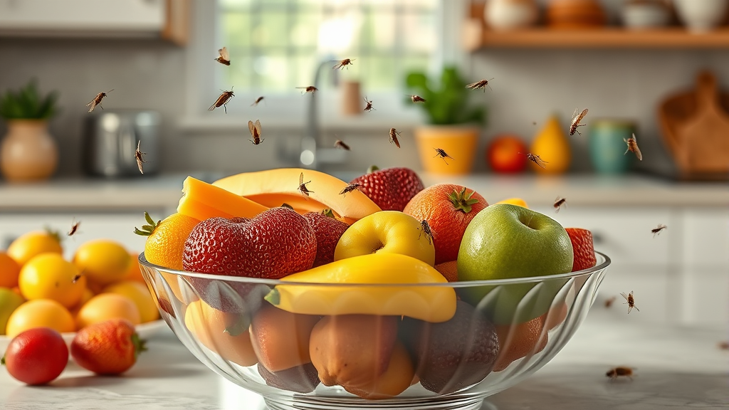 Small flying insects hovering around fresh fruit bowl in bright kitchen setting, no text, no words, no letters