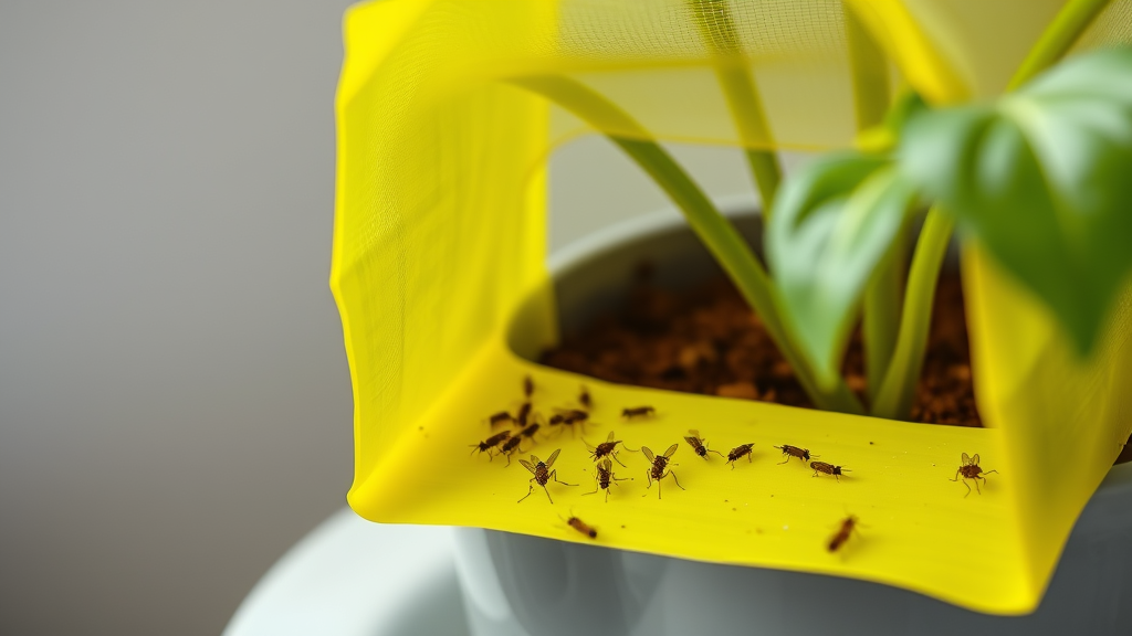 Yellow sticky trap near houseplant with tiny black gnats caught on surface, no text, no words, no letters