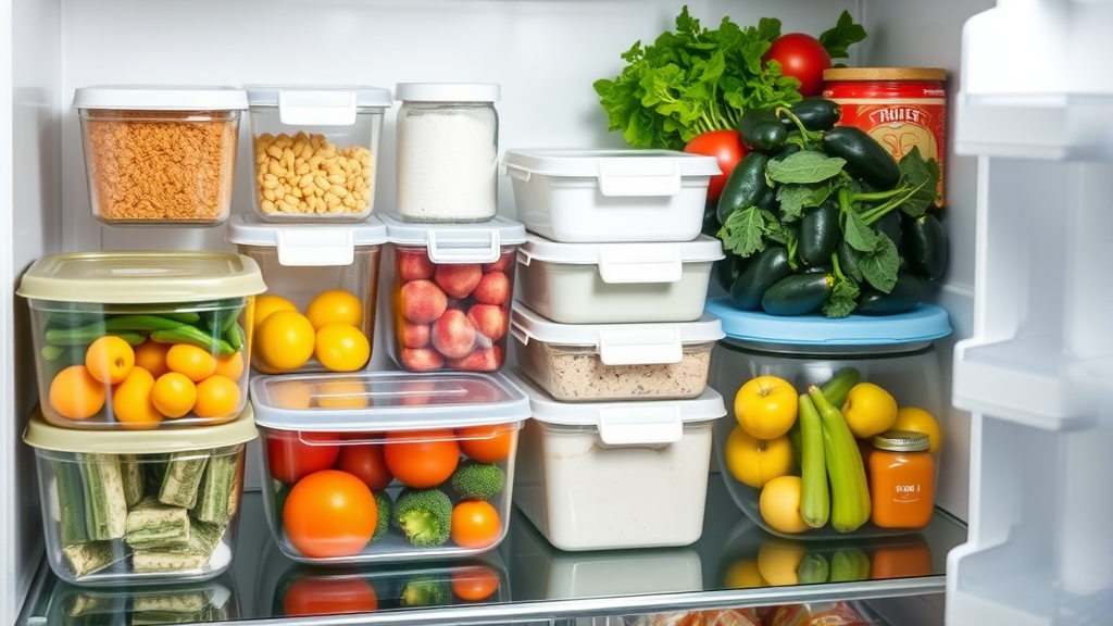Clean organized kitchen with sealed containers and fresh produce in refrigerator, no text, no words, no letters