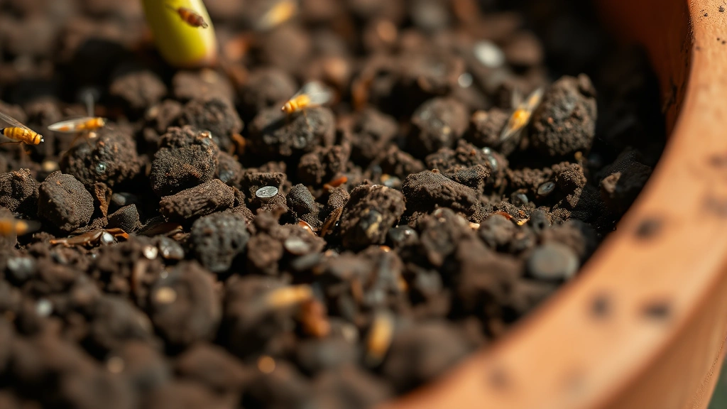 Close-up of soil surface with tiny dark gnats flying above moist potting mix, natural lighting showing detail of plant pot rim