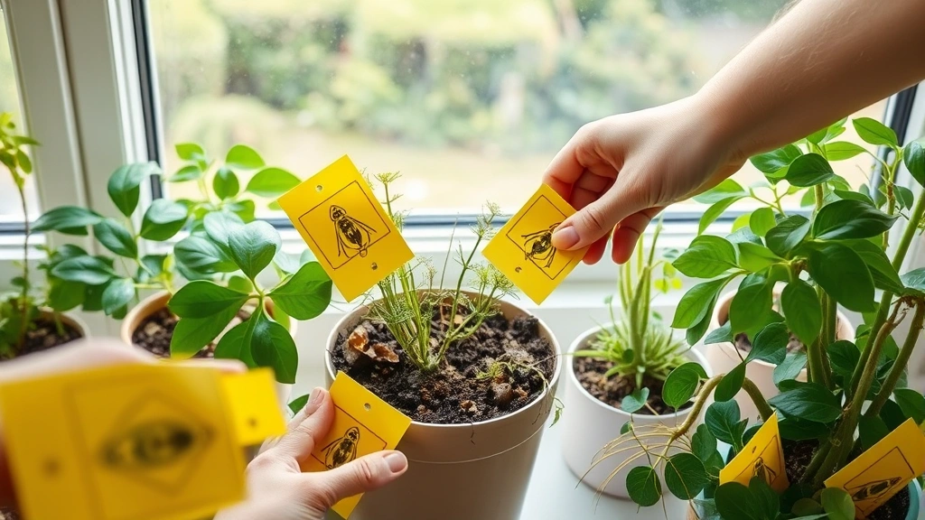 Hands applying yellow sticky trap cards into potted plant soil, multiple traps visible around various houseplants on a bright windowsill